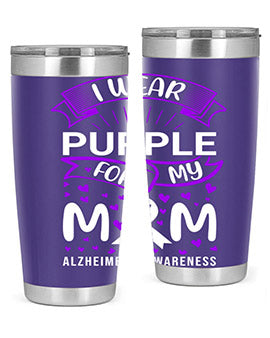 Alzheimer's Awareness Tumbler in 20oz and 30oz sizes, showcasing double wall vacuum stainless steel design with a drink-thru lid.