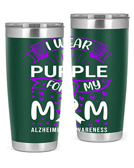 Alzheimer's Awareness Tumbler in 20oz and 30oz sizes, showcasing double wall vacuum stainless steel design with a drink-thru lid.
