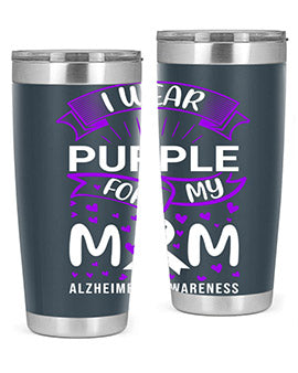 Alzheimer's Awareness Tumbler in 20oz and 30oz sizes, showcasing double wall vacuum stainless steel design with a drink-thru lid.
