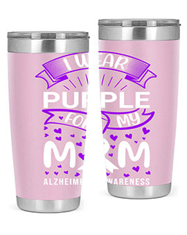 Alzheimer's Awareness Tumbler in 20oz and 30oz sizes, showcasing double wall vacuum stainless steel design with a drink-thru lid.