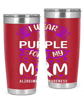 Alzheimer's Awareness Tumbler in 20oz and 30oz sizes, showcasing double wall vacuum stainless steel design with a drink-thru lid.