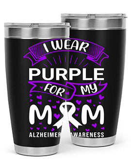 Alzheimer's Awareness Tumbler in 20oz and 30oz sizes, showcasing double wall vacuum stainless steel design with a drink-thru lid.