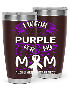 Alzheimer's Awareness Tumbler in 20oz and 30oz sizes, showcasing double wall vacuum stainless steel design with a drink-thru lid.