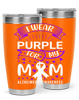 Alzheimer's Awareness Tumbler in 20oz and 30oz sizes, showcasing double wall vacuum stainless steel design with a drink-thru lid.