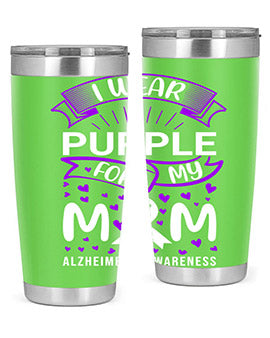 Alzheimer's Awareness Tumbler in 20oz and 30oz sizes, showcasing double wall vacuum stainless steel design with a drink-thru lid.