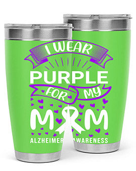 Alzheimer's Awareness Tumbler in 20oz and 30oz sizes, showcasing double wall vacuum stainless steel design with a drink-thru lid.
