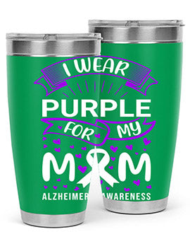 Alzheimer's Awareness Tumbler in 20oz and 30oz sizes, showcasing double wall vacuum stainless steel design with a drink-thru lid.