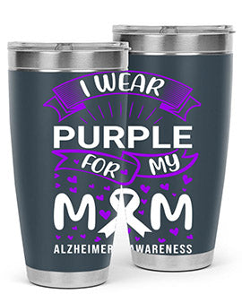 Alzheimer's Awareness Tumbler in 20oz and 30oz sizes, showcasing double wall vacuum stainless steel design with a drink-thru lid.