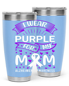 Alzheimer's Awareness Tumbler in 20oz and 30oz sizes, showcasing double wall vacuum stainless steel design with a drink-thru lid.