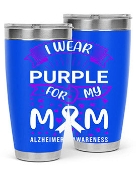 Alzheimer's Awareness Tumbler in 20oz and 30oz sizes, showcasing double wall vacuum stainless steel design with a drink-thru lid.