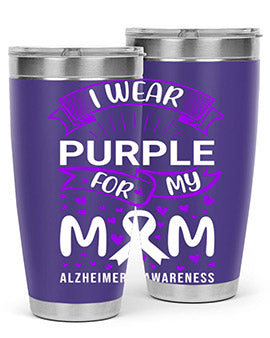Alzheimer's Awareness Tumbler in 20oz and 30oz sizes, showcasing double wall vacuum stainless steel design with a drink-thru lid.