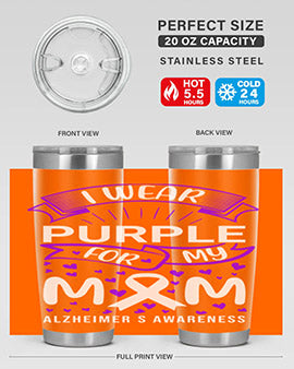 Alzheimer's Awareness Tumbler in 20oz and 30oz sizes, showcasing double wall vacuum stainless steel design with a drink-thru lid.