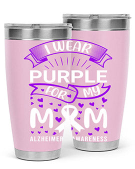 Alzheimer's Awareness Tumbler in 20oz and 30oz sizes, showcasing double wall vacuum stainless steel design with a drink-thru lid.