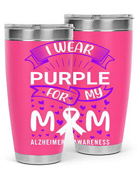 Alzheimer's Awareness Tumbler in 20oz and 30oz sizes, showcasing double wall vacuum stainless steel design with a drink-thru lid.