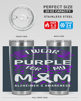 Alzheimer's Awareness Tumbler in 20oz and 30oz sizes, showcasing double wall vacuum stainless steel design with a drink-thru lid.