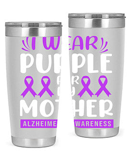Alzheimer's Awareness 20oz Tumbler featuring a double wall vacuum design with a drink-thru lid, showcasing vibrant awareness graphics.
