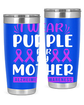Alzheimer's Awareness 20oz Tumbler featuring a double wall vacuum design with a drink-thru lid, showcasing vibrant awareness graphics.