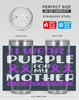 Alzheimer's Awareness 20oz Tumbler featuring a double wall vacuum design with a drink-thru lid, showcasing vibrant awareness graphics.