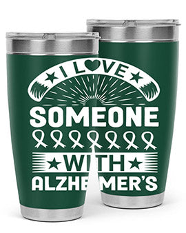 Alzheimer's Awareness 20oz Tumbler featuring double wall vacuum insulation and a drink-thru lid, showcasing a vibrant design.
