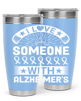 Alzheimer's Awareness 20oz Tumbler featuring double wall vacuum insulation and a drink-thru lid, showcasing a vibrant design.