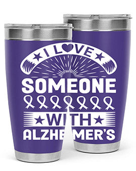 Alzheimer's Awareness 20oz Tumbler featuring double wall vacuum insulation and a drink-thru lid, showcasing a vibrant design.