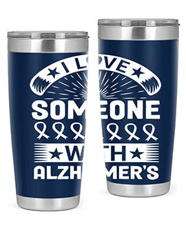 Alzheimer's Awareness 20oz Tumbler featuring double wall vacuum insulation and a drink-thru lid, showcasing a vibrant design.