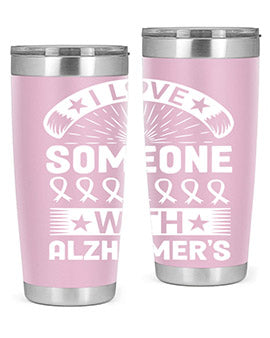 Alzheimer's Awareness 20oz Tumbler featuring double wall vacuum insulation and a drink-thru lid, showcasing a vibrant design.