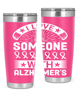 Alzheimer's Awareness 20oz Tumbler featuring double wall vacuum insulation and a drink-thru lid, showcasing a vibrant design.