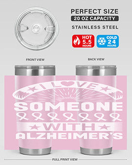 Alzheimer's Awareness 20oz Tumbler featuring double wall vacuum insulation and a drink-thru lid, showcasing a vibrant design.