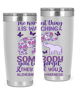 Alzheimer's Awareness Purple Elephant 20oz tumbler featuring a vibrant purple elephant design, made of stainless steel with a drink-thru lid.