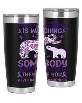 Alzheimer's Awareness Purple Elephant 20oz tumbler featuring a vibrant purple elephant design, made of stainless steel with a drink-thru lid.