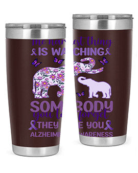 Alzheimer's Awareness Purple Elephant 20oz tumbler featuring a vibrant purple elephant design, made of stainless steel with a drink-thru lid.
