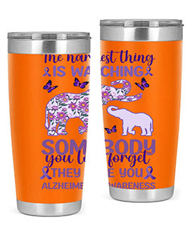 Alzheimer's Awareness Purple Elephant 20oz tumbler featuring a vibrant purple elephant design, made of stainless steel with a drink-thru lid.