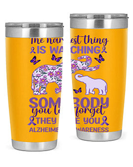 Alzheimer's Awareness Purple Elephant 20oz tumbler featuring a vibrant purple elephant design, made of stainless steel with a drink-thru lid.
