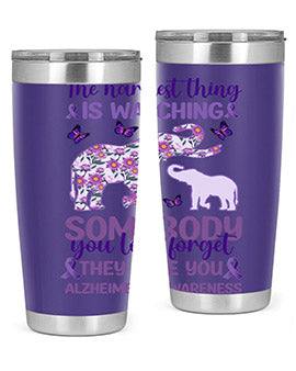 Alzheimer's Awareness Purple Elephant 20oz tumbler featuring a vibrant purple elephant design, made of stainless steel with a drink-thru lid.