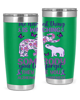 Alzheimer's Awareness Purple Elephant 20oz tumbler featuring a vibrant purple elephant design, made of stainless steel with a drink-thru lid.