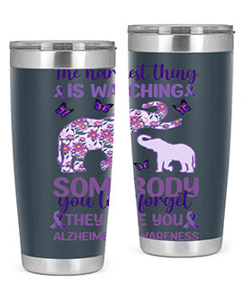 Alzheimer's Awareness Purple Elephant 20oz tumbler featuring a vibrant purple elephant design, made of stainless steel with a drink-thru lid.