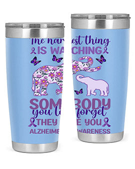 Alzheimer's Awareness Purple Elephant 20oz tumbler featuring a vibrant purple elephant design, made of stainless steel with a drink-thru lid.