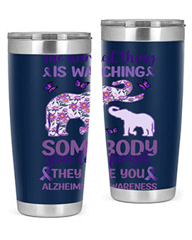 Alzheimer's Awareness Purple Elephant 20oz tumbler featuring a vibrant purple elephant design, made of stainless steel with a drink-thru lid.