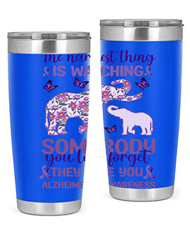 Alzheimer's Awareness Purple Elephant 20oz tumbler featuring a vibrant purple elephant design, made of stainless steel with a drink-thru lid.