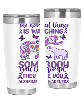 Alzheimer's Awareness Purple Elephant 20oz tumbler featuring a vibrant purple elephant design, made of stainless steel with a drink-thru lid.