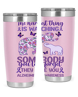Alzheimer's Awareness Purple Elephant 20oz tumbler featuring a vibrant purple elephant design, made of stainless steel with a drink-thru lid.