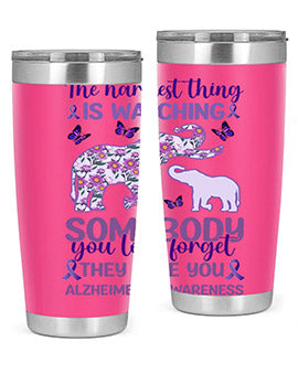 Alzheimer's Awareness Purple Elephant 20oz tumbler featuring a vibrant purple elephant design, made of stainless steel with a drink-thru lid.