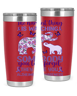 Alzheimer's Awareness Purple Elephant 20oz tumbler featuring a vibrant purple elephant design, made of stainless steel with a drink-thru lid.