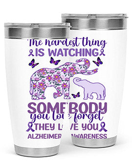 Alzheimer's Awareness Purple Elephant 20oz tumbler featuring a vibrant purple elephant design, made of stainless steel with a drink-thru lid.