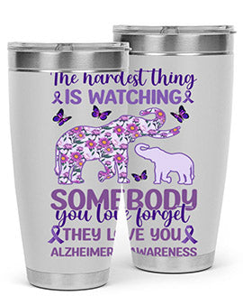 Alzheimer's Awareness Purple Elephant 20oz tumbler featuring a vibrant purple elephant design, made of stainless steel with a drink-thru lid.