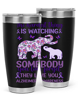Alzheimer's Awareness Purple Elephant 20oz tumbler featuring a vibrant purple elephant design, made of stainless steel with a drink-thru lid.