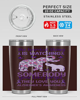 Alzheimer's Awareness Purple Elephant 20oz tumbler featuring a vibrant purple elephant design, made of stainless steel with a drink-thru lid.