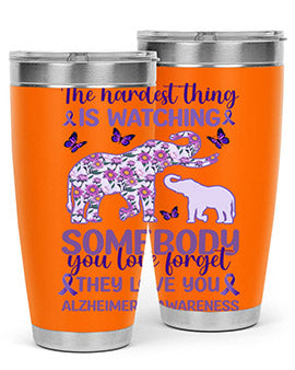 Alzheimer's Awareness Purple Elephant 20oz tumbler featuring a vibrant purple elephant design, made of stainless steel with a drink-thru lid.