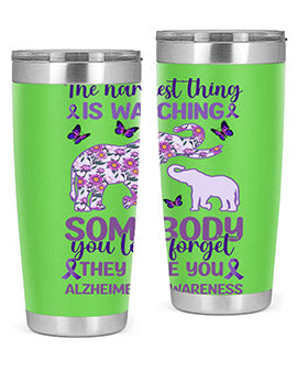 Alzheimer's Awareness Purple Elephant 20oz tumbler featuring a vibrant purple elephant design, made of stainless steel with a drink-thru lid.